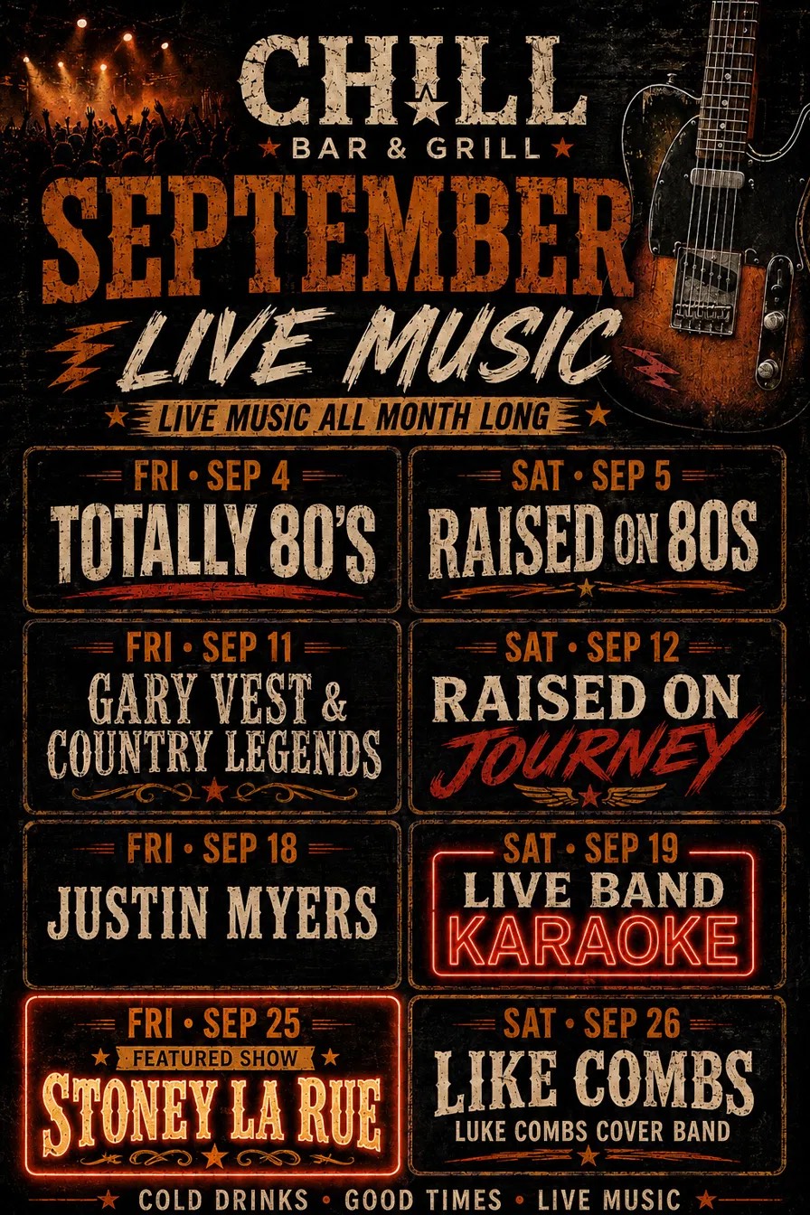 Chill Bar September live music lineup flyer