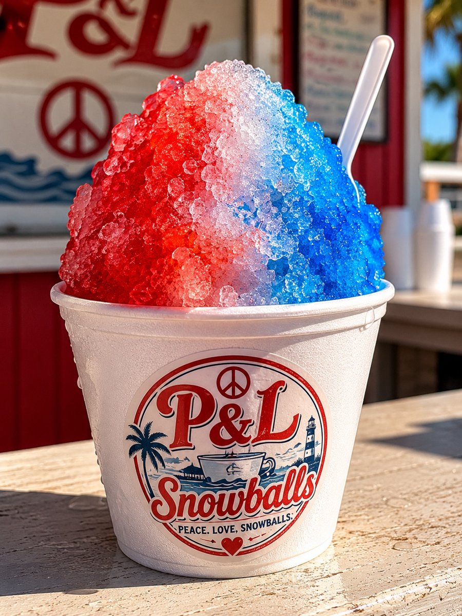 Red, white and blue P & L snowball in a branded cup