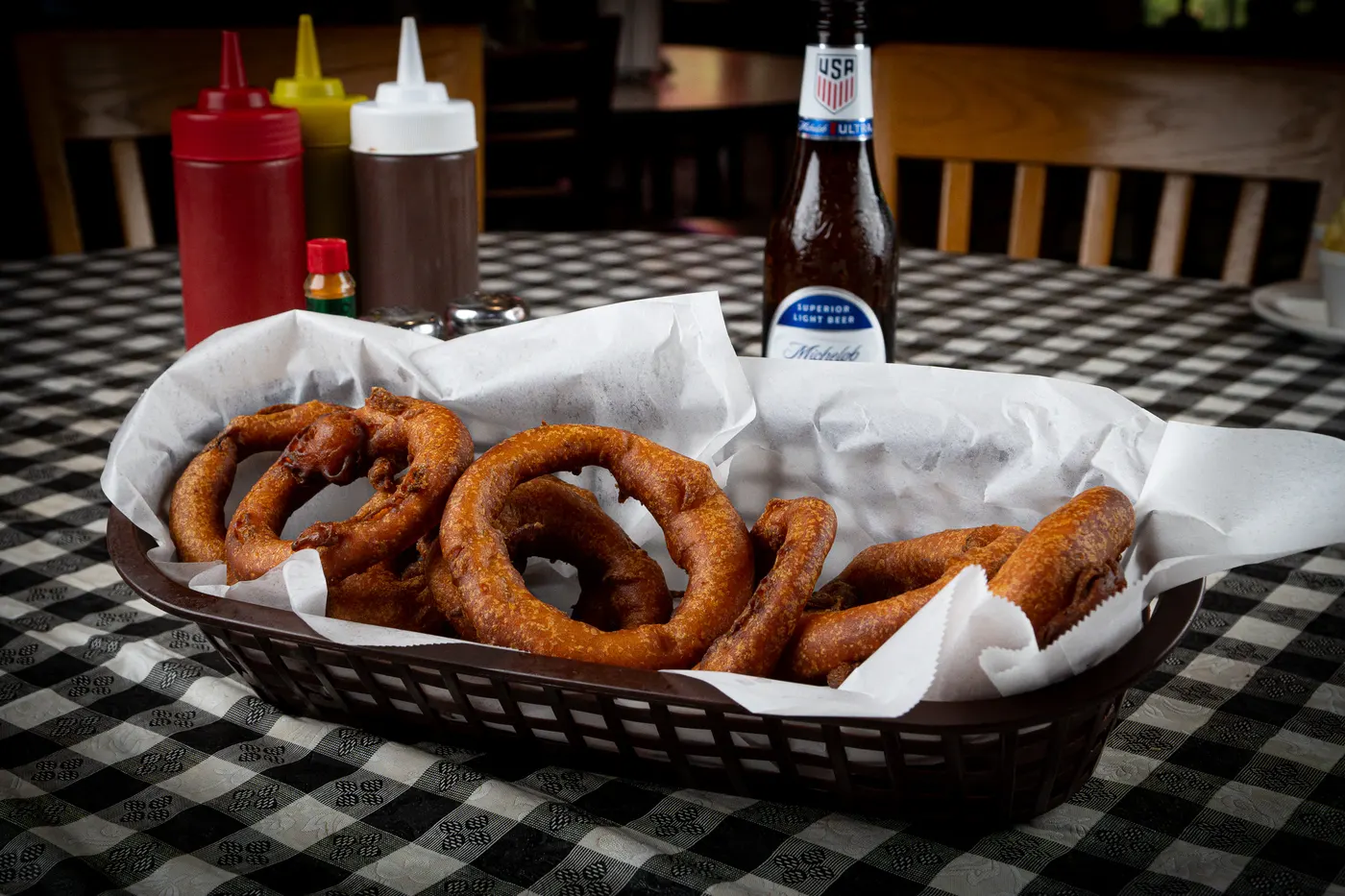 A stack of golden onion rings