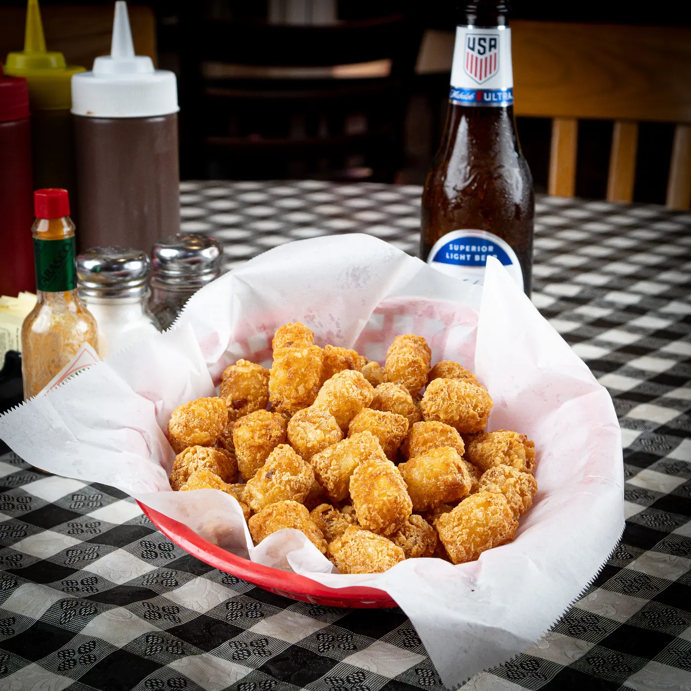 A basket of crisp tater tots