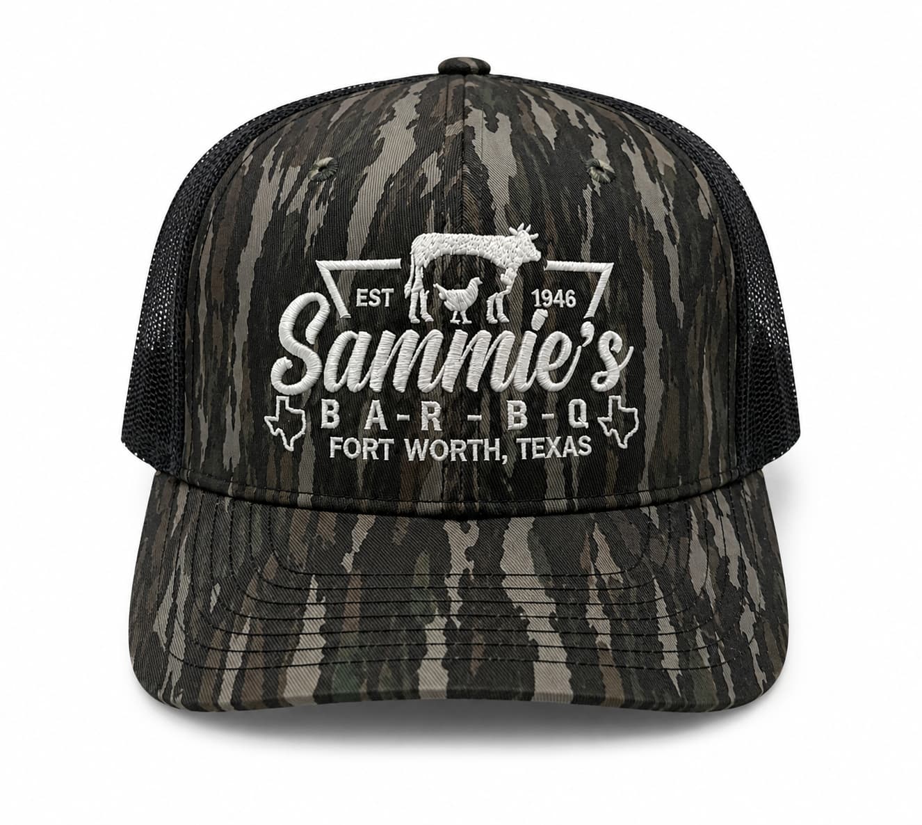 Camo snapback hat with embroidered Sammie's Bar-B-Q logo